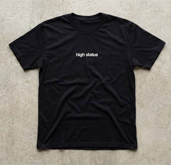 black t-shirt with small white text reading 'high status' centered on the chest.